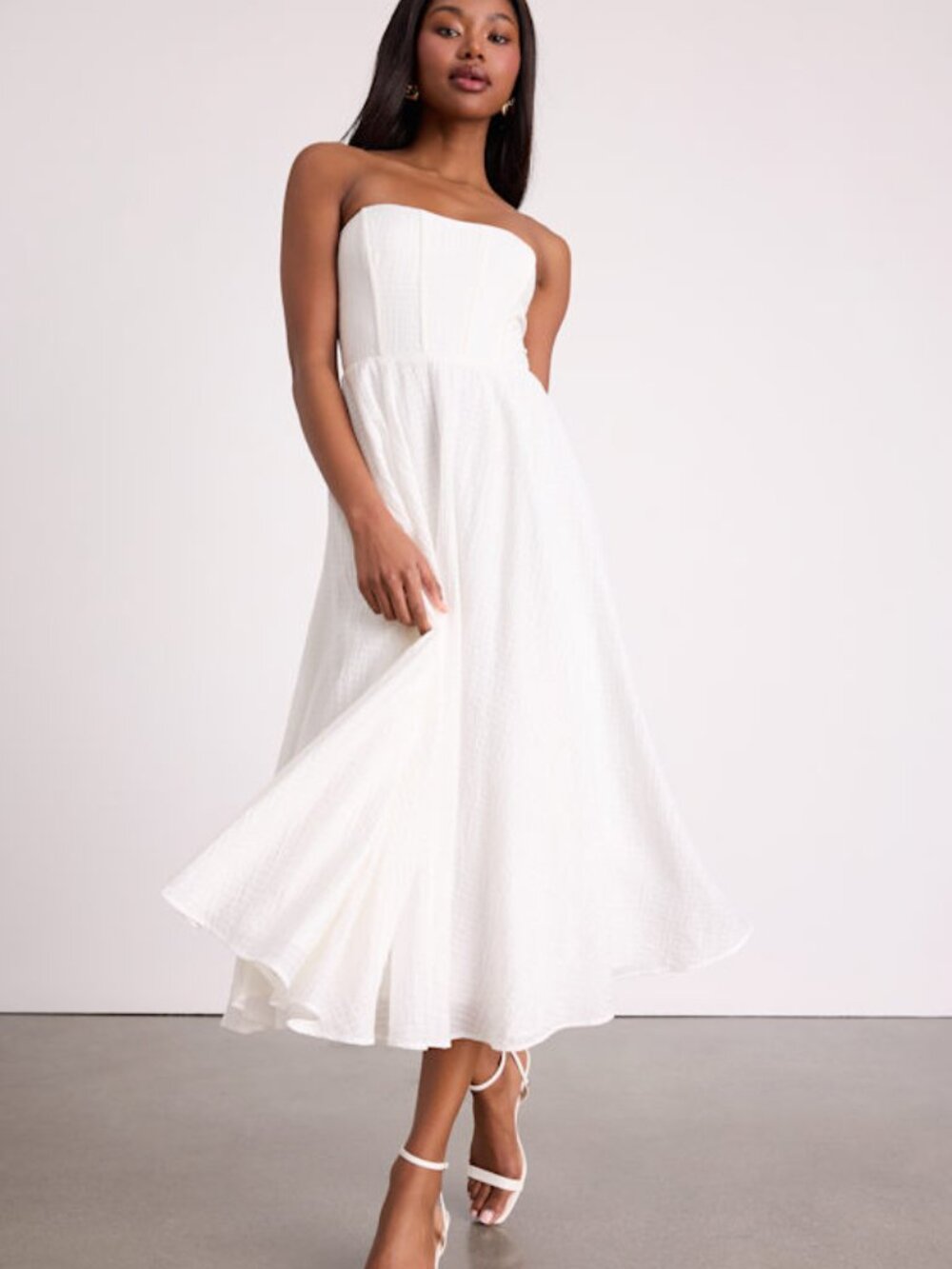 Lulus Pomelo White Textured Bustier Skater Midi Dress - Size L